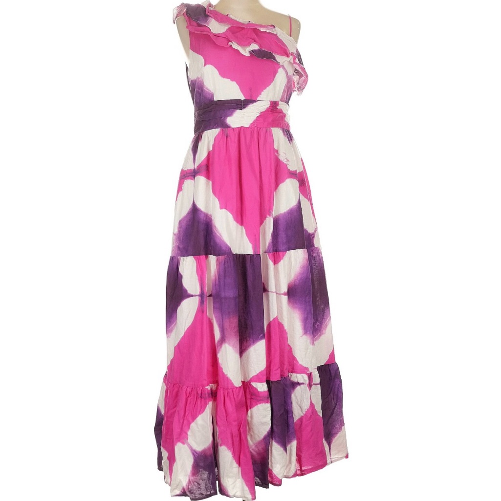 One-Shoulder Tiered Busayo Tie Dye Pink, Purple And White Dress